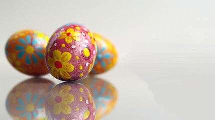 Fototapeta na wymiar Three brightly colored Easter eggs on a reflective surface. Perfect for Easter holiday designs