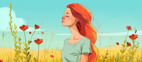Obraz na płótnie Canvas Girl with vibrant long red hair standing gracefully amidst a colorful field of blooming flowers, embodying nature's beauty