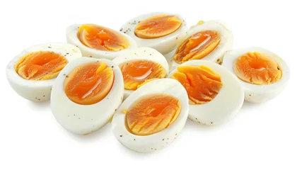 Foto op Plexiglas Sliced soft boiled eggs on white background © Oleksiy