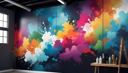Dynamic paint splashes create a vibrant mural on an interior wall, contrasting with a dark room's calm and simplicity. AI Generation