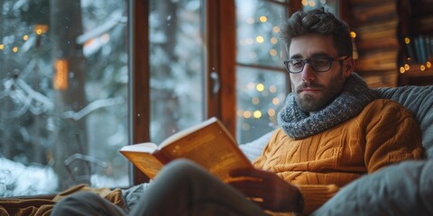 A focused man reads a book on a cozy sofa indoors, enjoying leisure time during the winter season