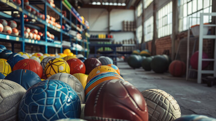 Sports equipment warehouse. Balls and other equipment - 782971540