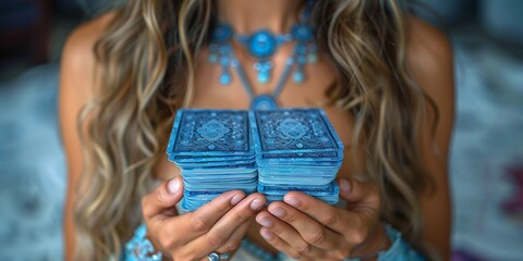 A woman practices tarot, delving into magic and fate, interpreting the cards for divination - obrazy, fototapety, plakaty
