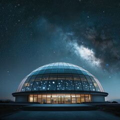 Fototapeta premium The night sky is full of stars. There is a large, glass dome in the center of the image. The dome is lit up from the inside, and there are stars reflected on the surface.