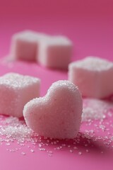 Obraz premium Close-up of sugar cubes and crystals on a pink surface. Ideal for food and beverage concepts