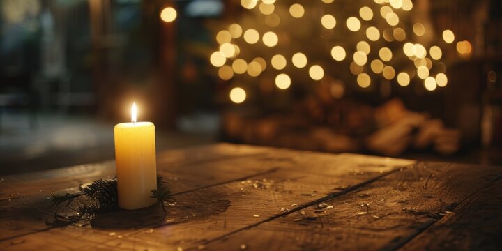 A simple image of a lit candle on a wooden table. Suitable for various concepts and designs