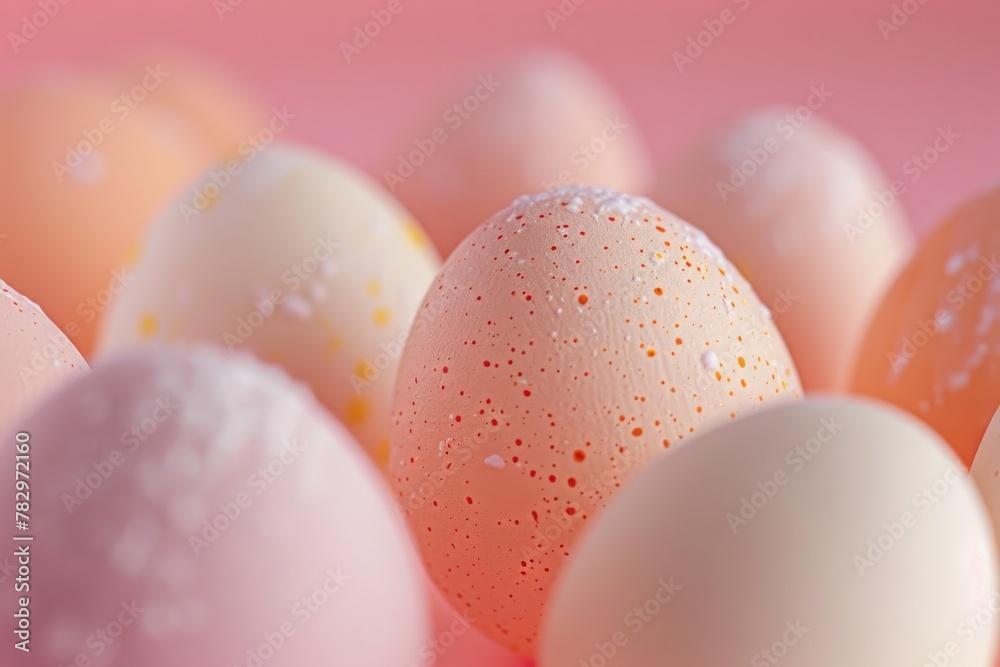 Poster a group of eggs sitting on top of a pink surface. suitable for food and cooking concepts