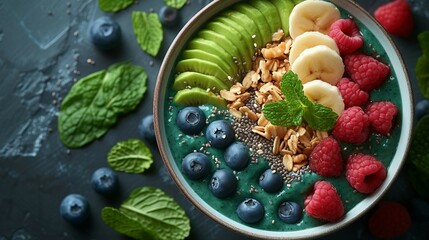 A smoothie bowl with toppings, emphasizing freshness. AI generate illustration - obrazy, fototapety, plakaty