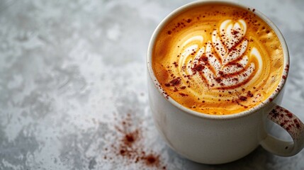 An overhead shot of a latte with a perfect swirl on top on light background. AI generate illustration - obrazy, fototapety, plakaty