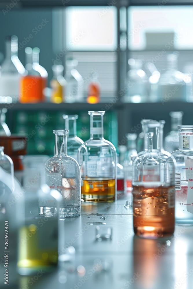 Poster Bottles arranged on a table, suitable for various concepts