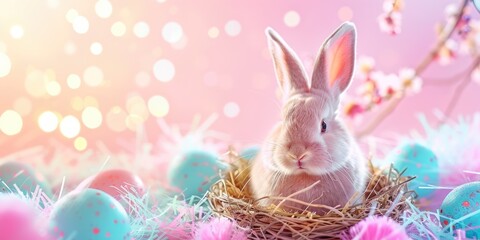 Fototapeta na wymiar Cute rabbit sitting in a nest surrounded by colorful Easter eggs. Perfect for Easter holiday designs