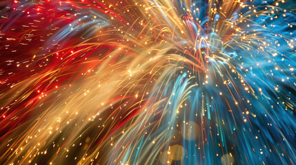 Close up of colorful fireworks display on night sky background. Pyrotechnics show, sparks and glow banner