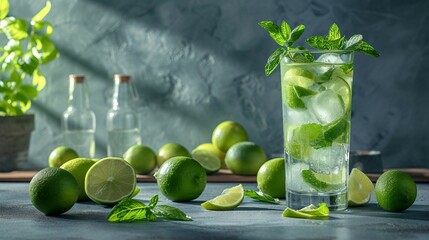 Mojito ingredients artfully arranged before the drink is mixed on light background. AI generate illustration