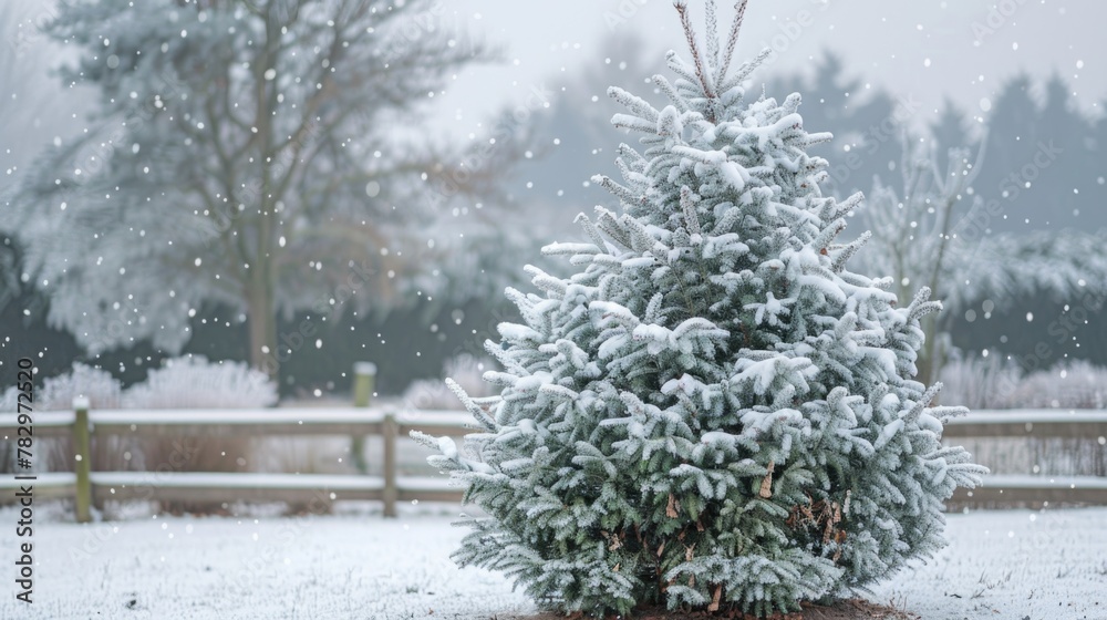 Poster snow covered tree standing in the middle of a field, suitable for winter and nature concepts