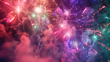 Colorful fireworks display on night sky background. Pyrotechnics show, sparks and glow