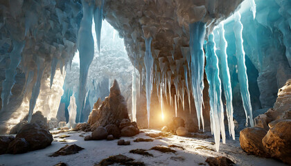 Fantasy cave with ice stalactites and stalagmites. Icelandic glacier.