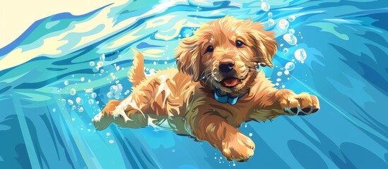 Dog joyfully swimming in the deep blue ocean waters - obrazy, fototapety, plakaty