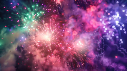 Obraz na płótnie Canvas Colorful fireworks display on night sky background. Pyrotechnics show, sparks and glow