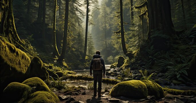 individual escape in forest, one man wondering in woods