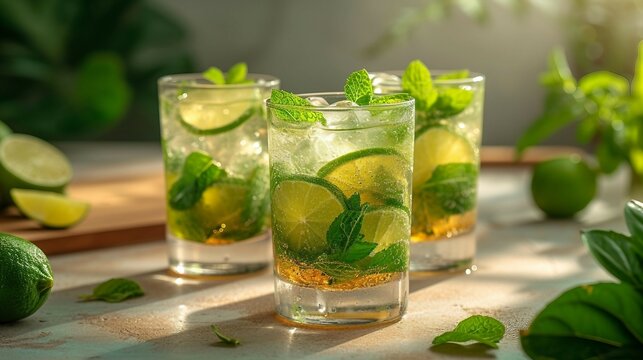Mojito in a highball glass with lime wedges and mint leaves on light background. AI generate illustration