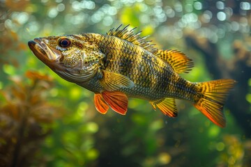 A stunning fish with bright orange patterns glides through water filled with bubbles, emphasizing its motion and vitality in the aquatic world