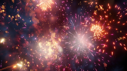 Naklejka premium Colorful fireworks display on night sky background. Pyrotechnics show, sparks and glow