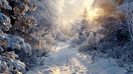 A serene snow-covered path in a peaceful forest. Suitable for winter-themed designs - obrazy, fototapety, plakaty