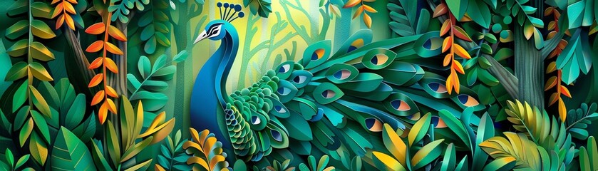 Peacock with intricately detailed paper cut feathers surrounded by lush greenery and dappled sunlight in a tranquil forest glade - obrazy, fototapety, plakaty