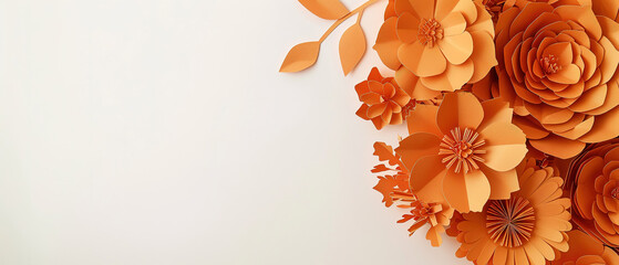 Warm orange paper flowers arrangement with a blank area for text or personalized notes. Great for autumn-themed events or harvest celebrations