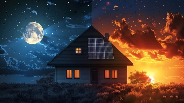 Solar panel day and night. Concept image - solar energy at home.