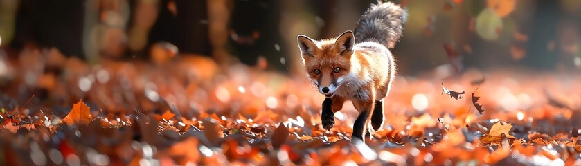 The mischievous antics of a young fox as it jumps and plays among the fallen leaves in a sunlit glade - obrazy, fototapety, plakaty