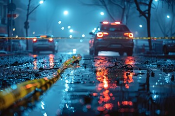 A somber night scene presenting a wet street cordoned off with yellow crime scene tape and police car lights reflected