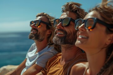 Fototapeta premium Three friends are looking away into the sea, enjoying the view from a boat deck, embodying the spirit of summer and friendship
