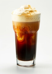 Product photo of nitro cold brew coffee, on slate surface, isolated on white background. studio lighting.