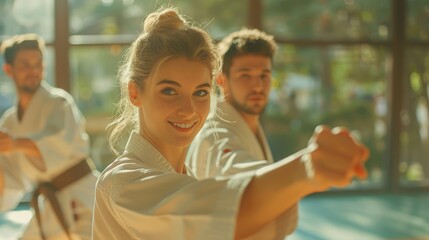 Naklejka premium Young woman in white kimono practicing taekwondo, karate, jiujitsu or judo in group training. The concept of self-defense. Generative ai