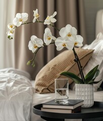 A white orchid in a white vase on a black side table near a bed with beige linen, books, and a glass of water. A minimalist home interior design of a modern bedroom in the style of modern design.