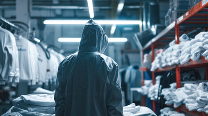 A male worker at a large laundry store in a warehouse with clean clothes. - 782973772