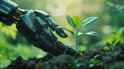 High tech robotic hand gently caresses a delicate budding plant, symbolizing the symbiotic relationship between technology and nature in fostering growth and sustainability