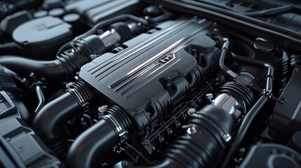 Fototapeta premium Experience the intricate dance of mechanics with this vibrant close-up of a car engine. It's a captivating display of power and precision, a true marvel of engineering. 