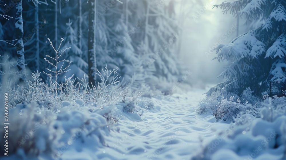 Poster a snowy path in the middle of a forest. perfect for winter-themed designs