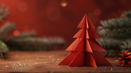 Red origami Christmas tree on a table, perfect for holiday designs