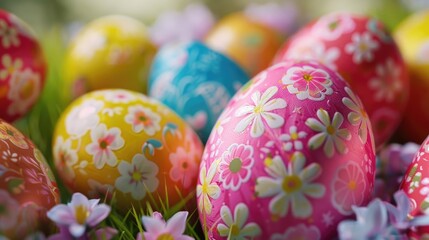 Fototapeta na wymiar Close up of vibrant Easter eggs. Ideal for Easter themed designs