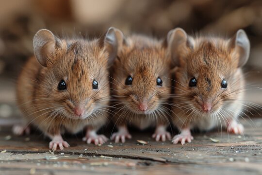 This image captures a line of mice standing alert on wood, showcasing their natural environment and behavior
