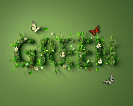 The word "GREEN" made of grass, flowers and butterflies on a solid green background, with a beautiful green color scheme