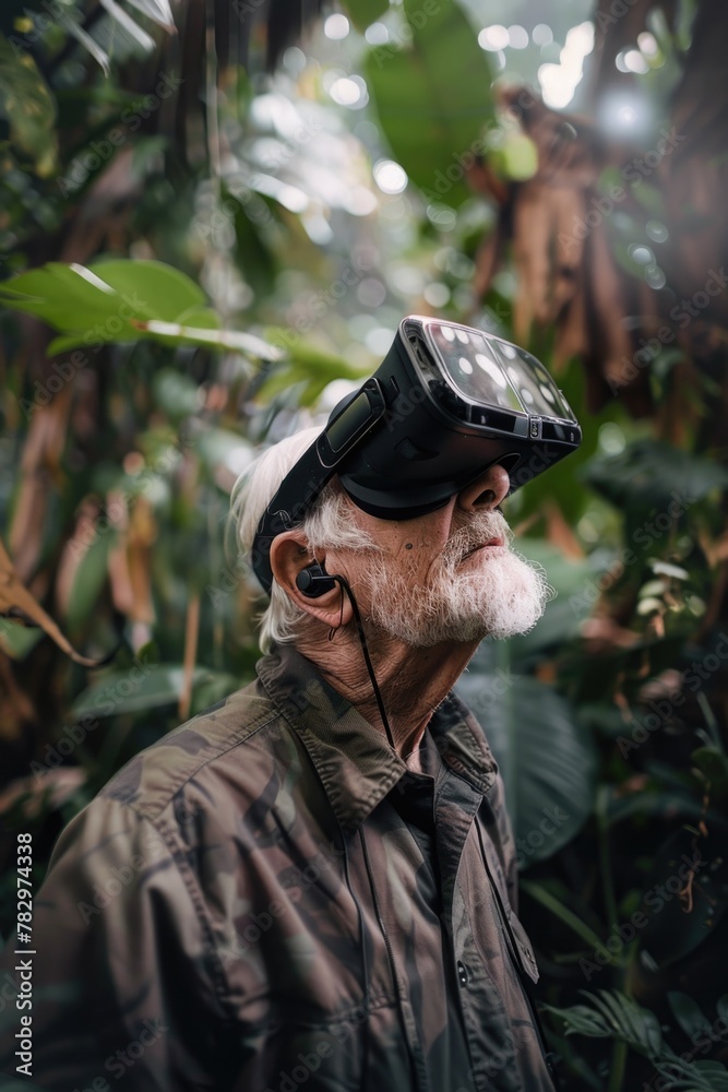 Poster Man experiencing virtual reality in a forest setting, suitable for technology concepts