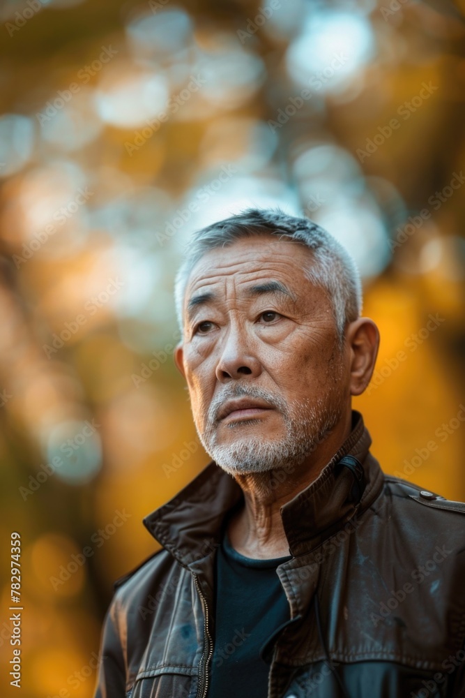 Poster a man in a leather jacket gazing off into the distance. suitable for various concepts and themes