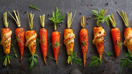 Inspiring idea turned edible art with stuffed crescent roll carrots on a rustic backdrop - obrazy, fototapety, plakaty