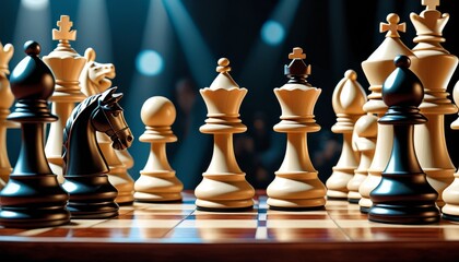 A dramatic arrangement of chess pieces under a spotlight, symbolizing critical thinking and the high stakes of chess matches.. AI Generation