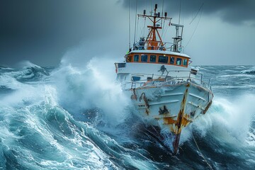 Vivid depiction of a small fishing vessel braving towering waves during a severe ocean storm, showcasing human resilience in the face of nature's fury