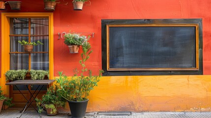 Minimalist blackboard awaiting a chef's daily specials, positioned at a bistro's vibrant entrance